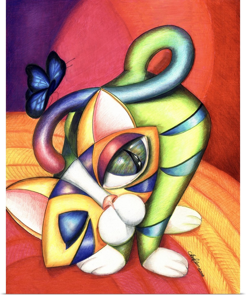 Contemporary artwork in the style of cubism of a cat with a butterfly in bold colors.