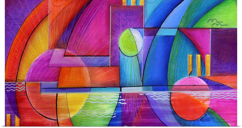Horizontal abstract painting of vibrant colored shapes in circles and triangles.