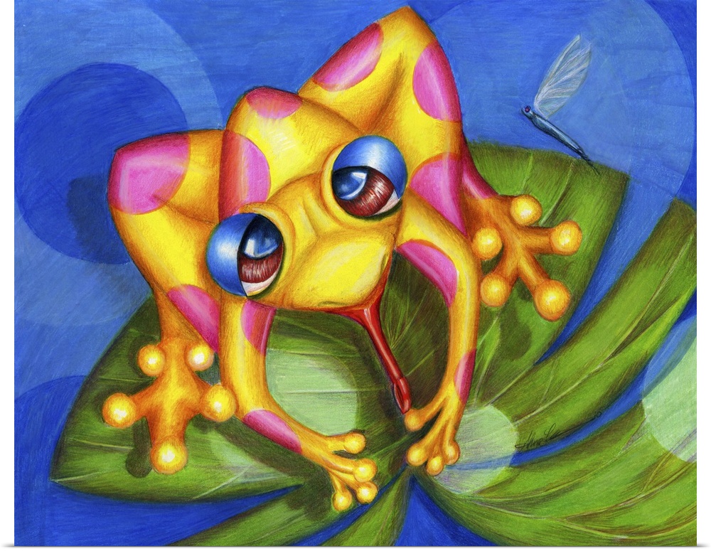 Horizontal contemporary painting of a yellow frog on a lily pad.