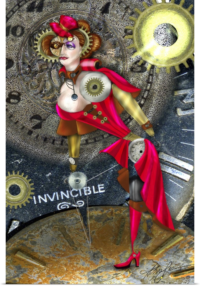 An abstract painting of a woman in red in front of a clock.