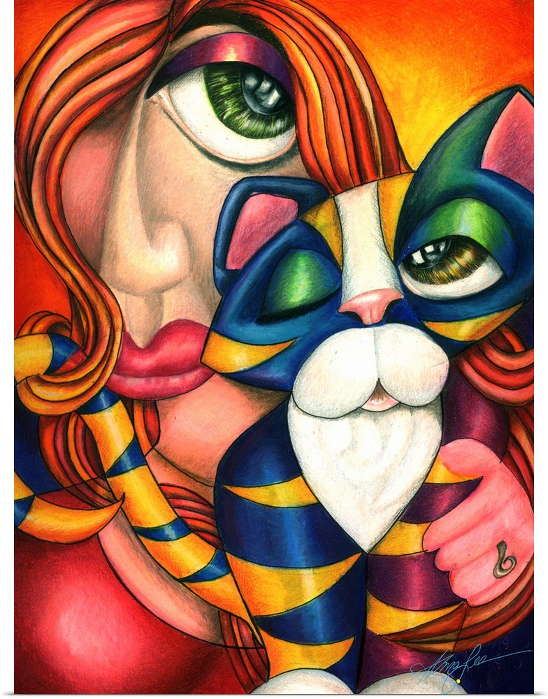 Contemporary artwork in the style of cubism of a female holding a cat in bold colors.