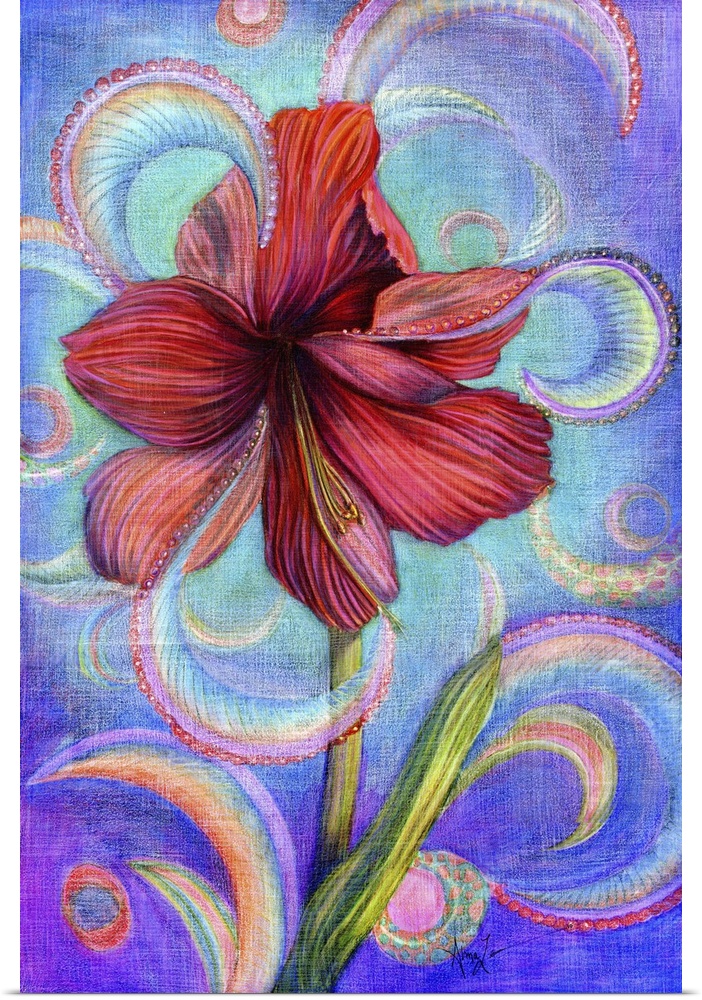 A painting of a pink paisley against a vibrant colored background with swirls.