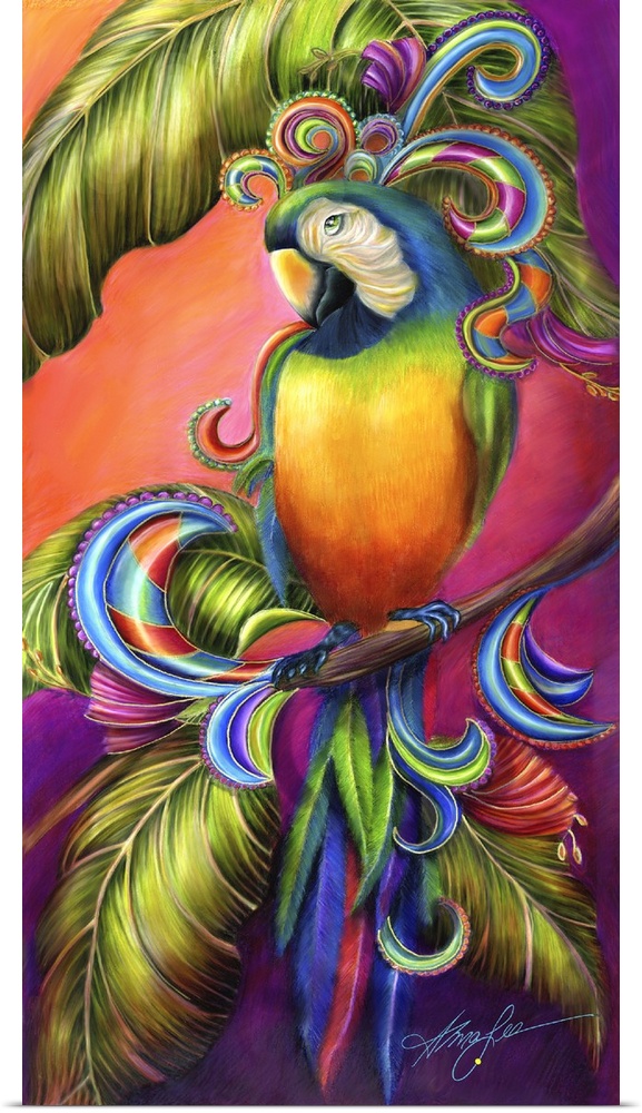 A colorful vertical painting of a parrot perched on a tree branch against a vibrant background.