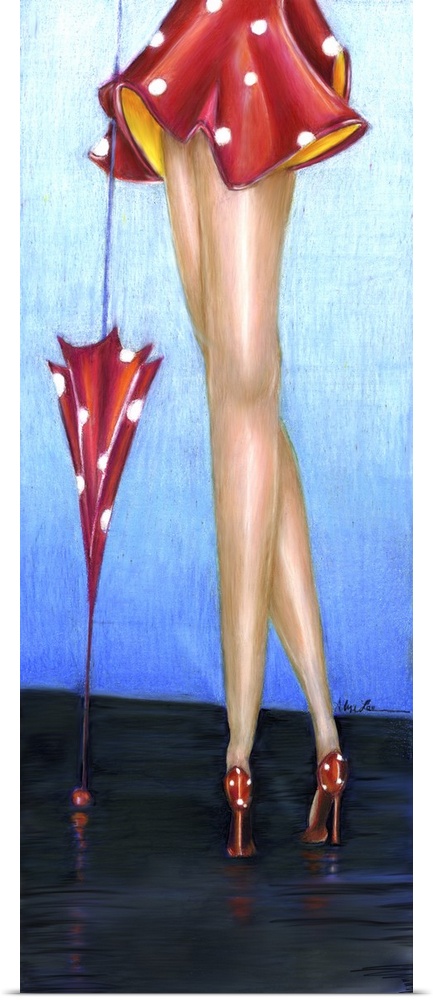 A long vertical painting of a female's long legs in red heels with an umbrella.