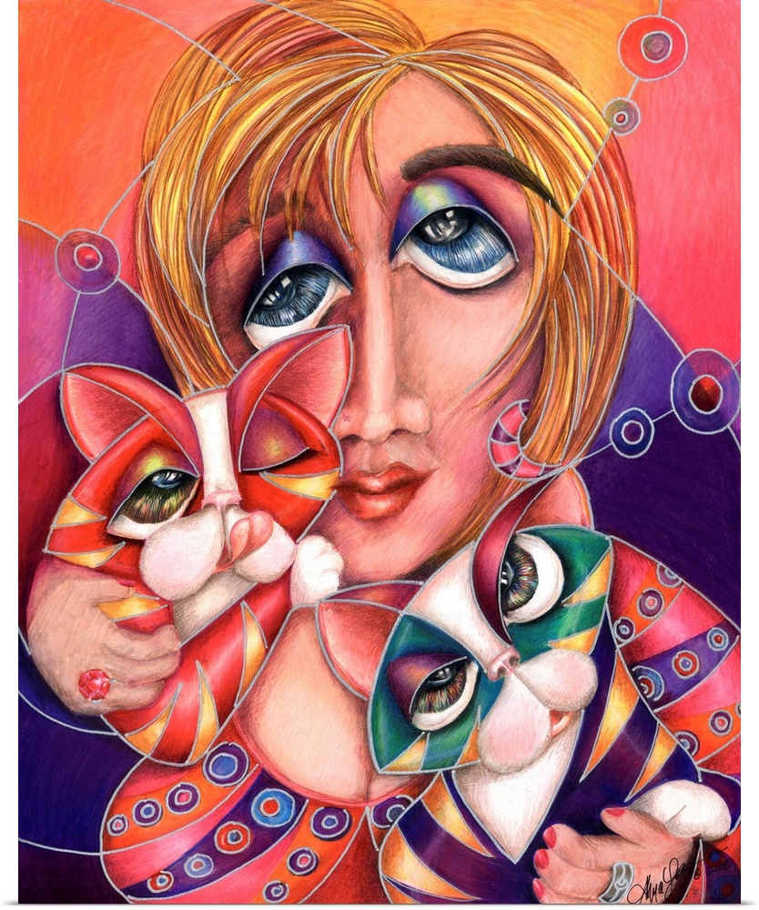Contemporary artwork in the style of cubism of a female holding two cats in bold colors.
