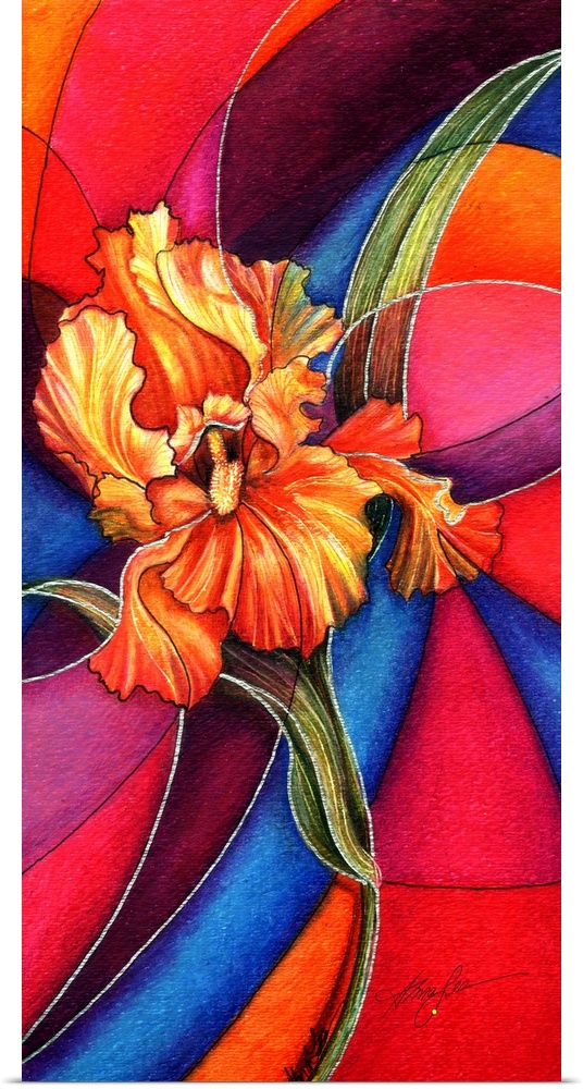 A painting of an orange iris against a vibrant colored background in the style of stain glass.