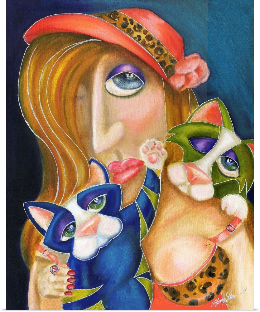 Contemporary artwork in the style of cubism of a woman with two cats in bold colors.