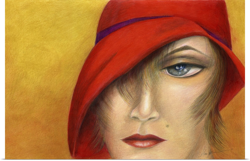 A horizontal contemporary painting of a female in a red hat.