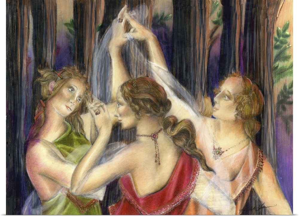 Horizontal painting of three women dancing in a circle in the woods.