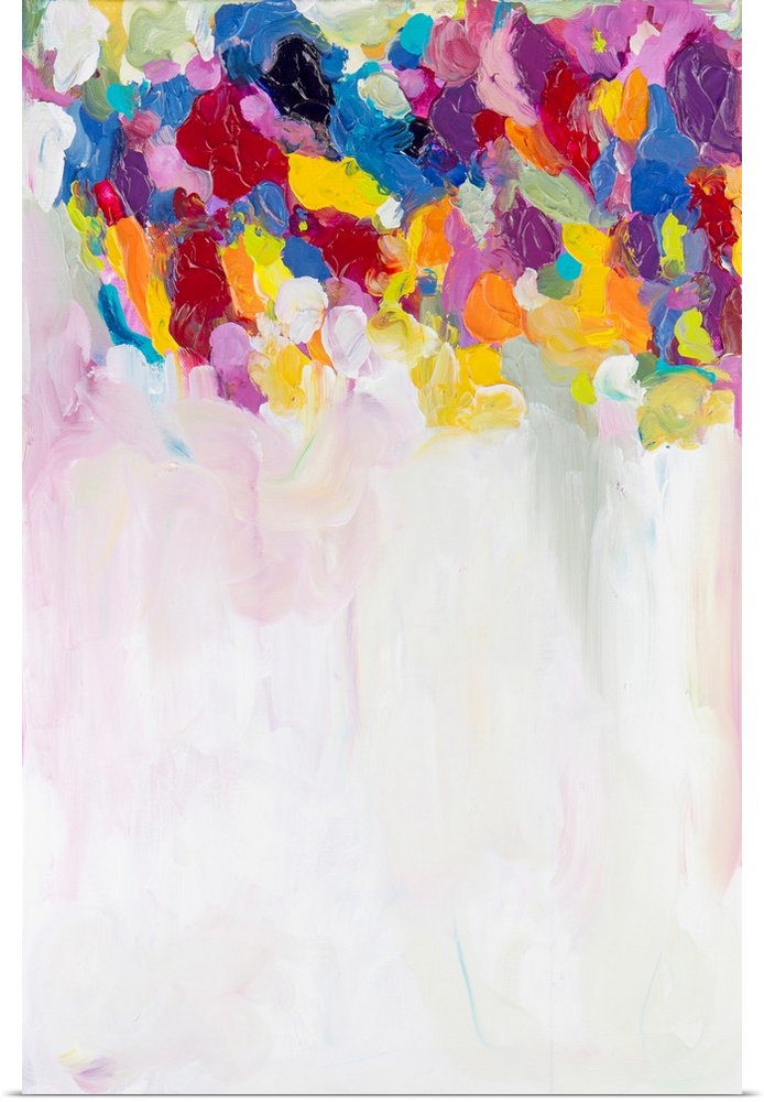 Contemporary abstract painting with colorful spots at the top over a large white area.