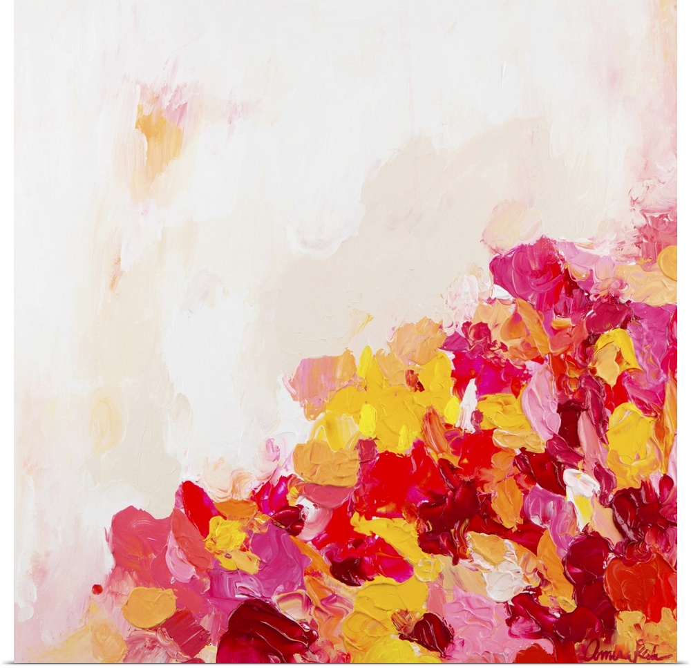 Contemporary artwork with bright red, pink, and yellow in the bottom right corner.