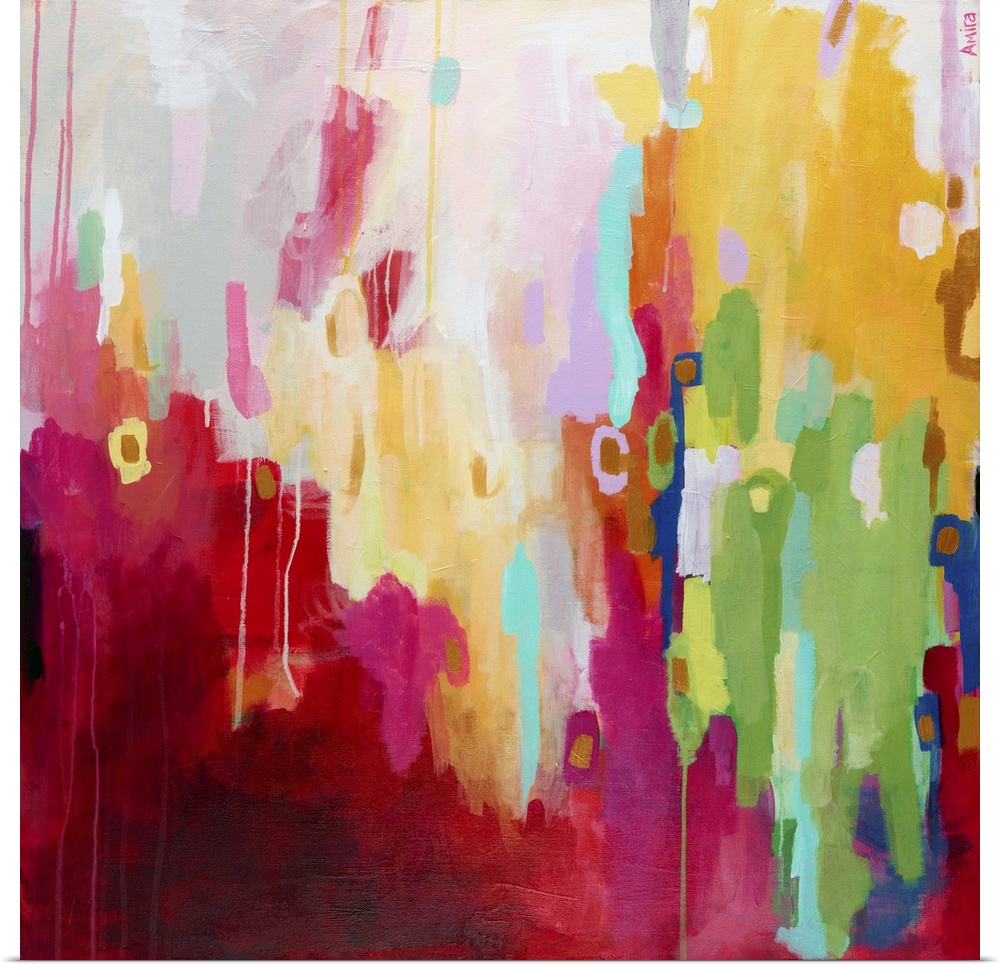 Contemporary abstract painting in shades of deep red, green, and yellow.