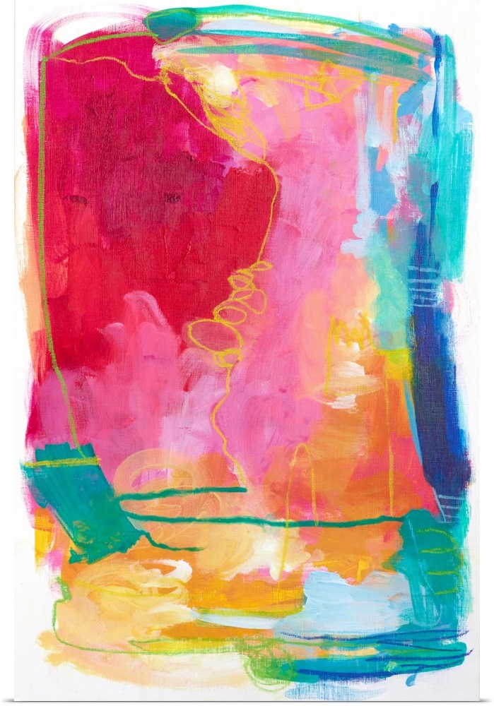 Contemporary abstract artwork in bright red, pink, and teal shades.