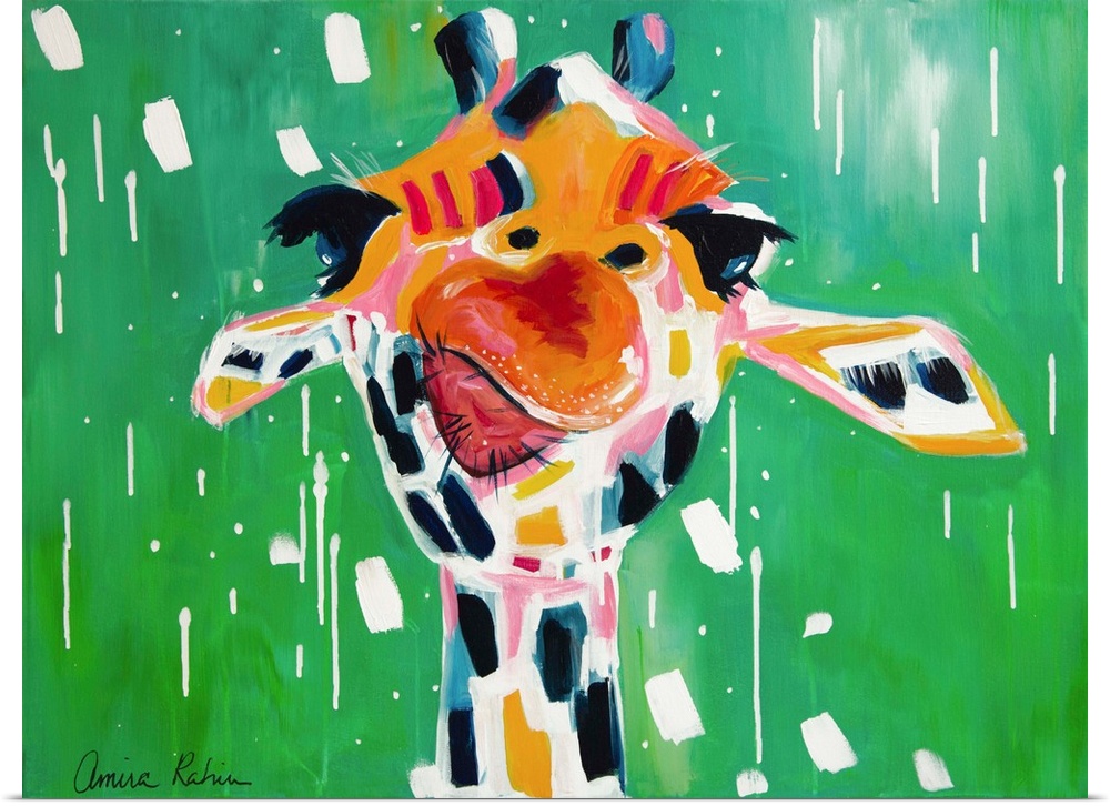Portrait of a giraffe against a bright green background.