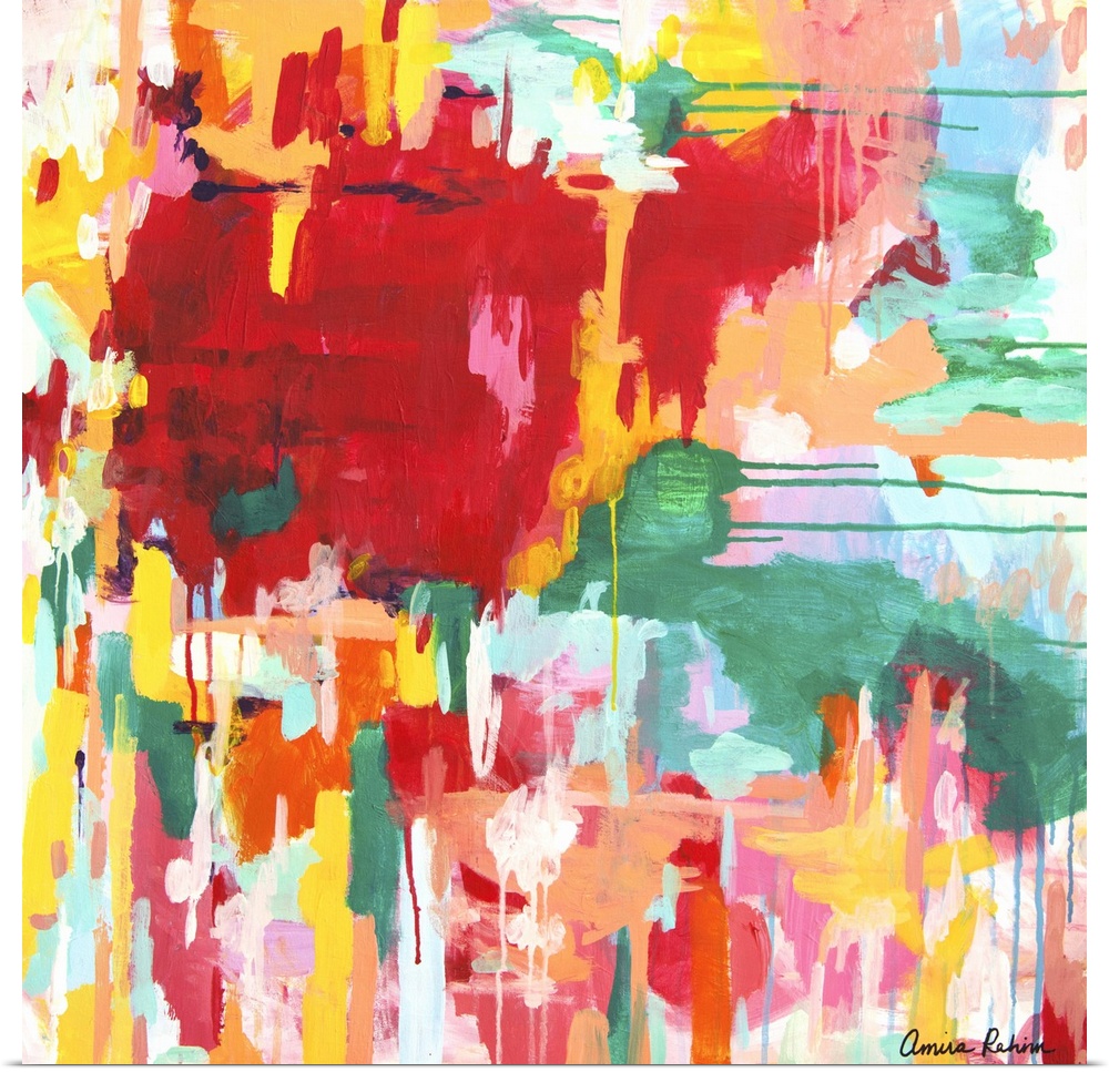 Contemporary abstract artwork in red, yellow, and green tones.