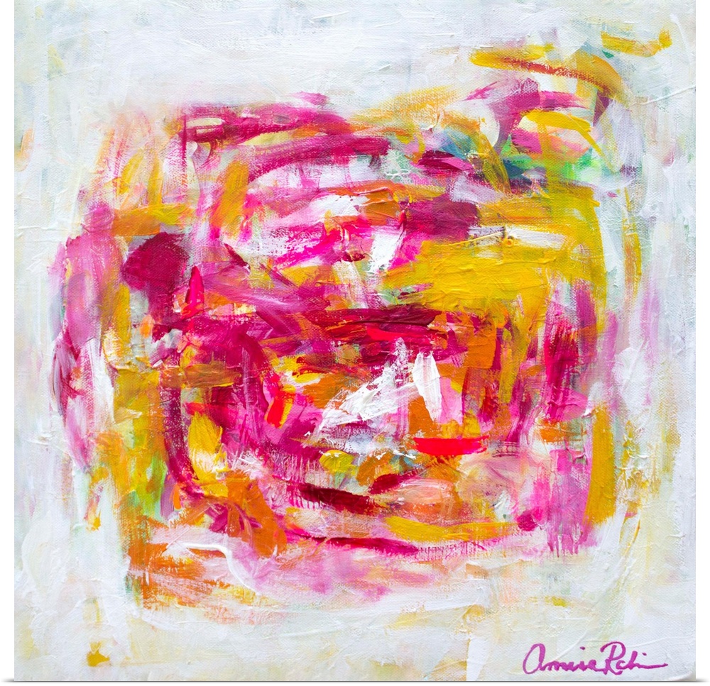 Abstract contemporary artwork in cheerful pinks and yellows.
