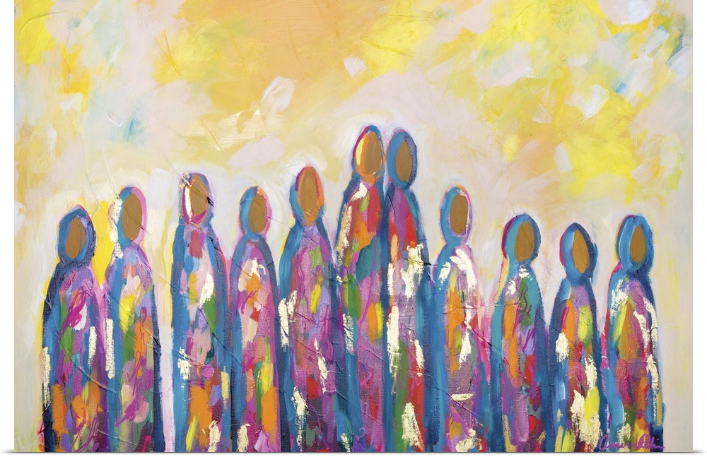 Contemporary semi-abstract painting of a colorful group of figures in a row.