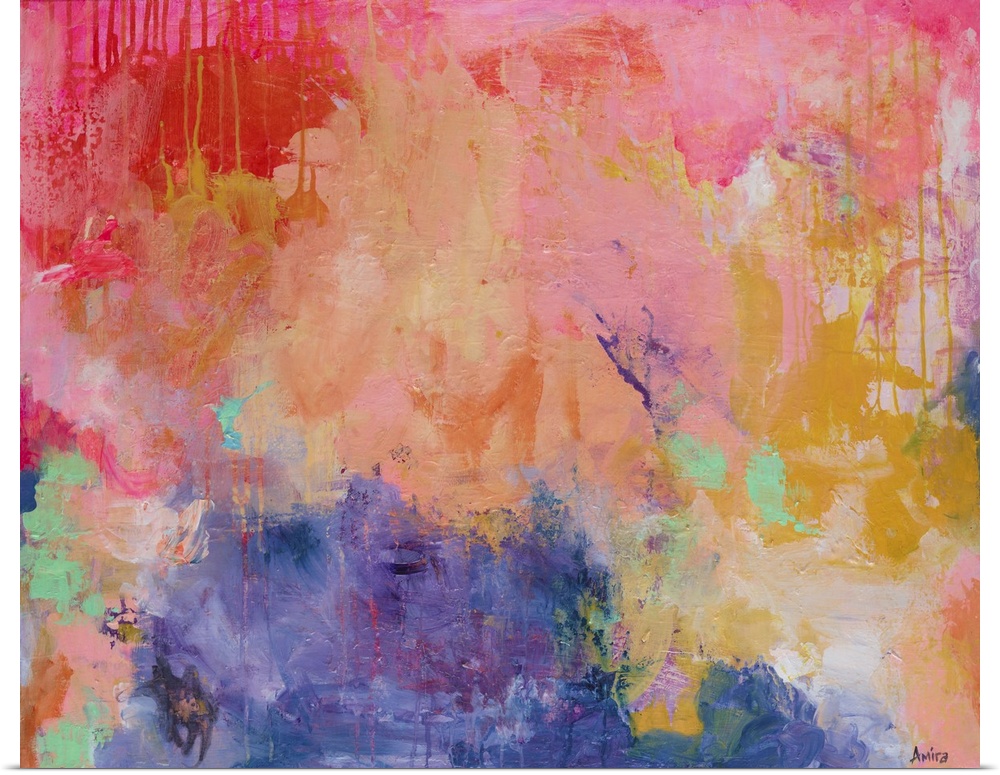 Mixed media contemporary abstract artwork in vibrant shades of pink, orange, and yellow.