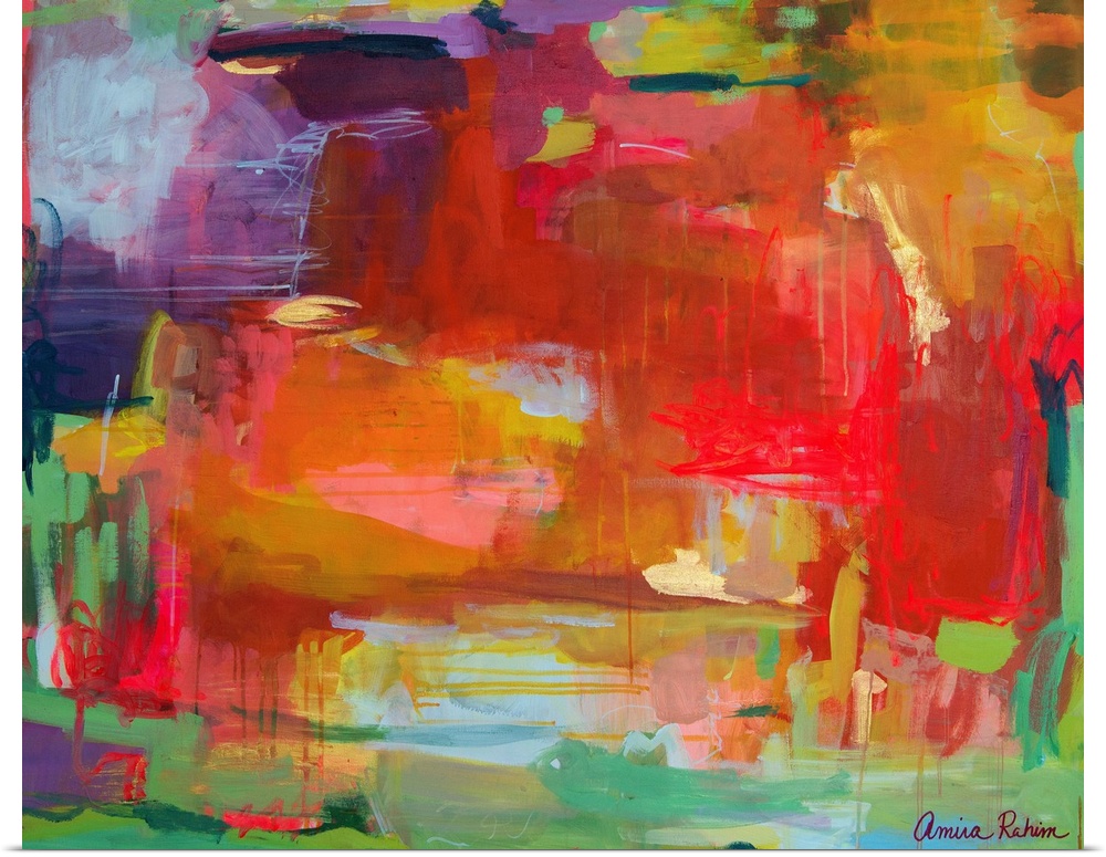 Contemporary mixed media abstract artwork in vibrant red, green, and purple.