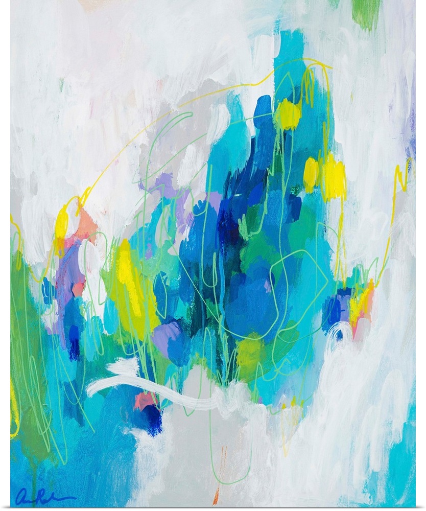 Contemporary abstract art with blue and turquoise tones surrounded by white.