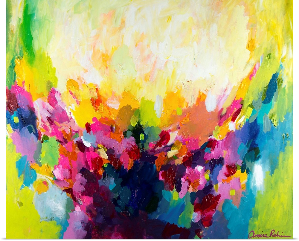 Contemporary abstract painting in bright shades of pink, orange, green, and blue.