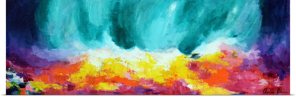 Contemporary abstract painting in red, yellow, and teal tones.