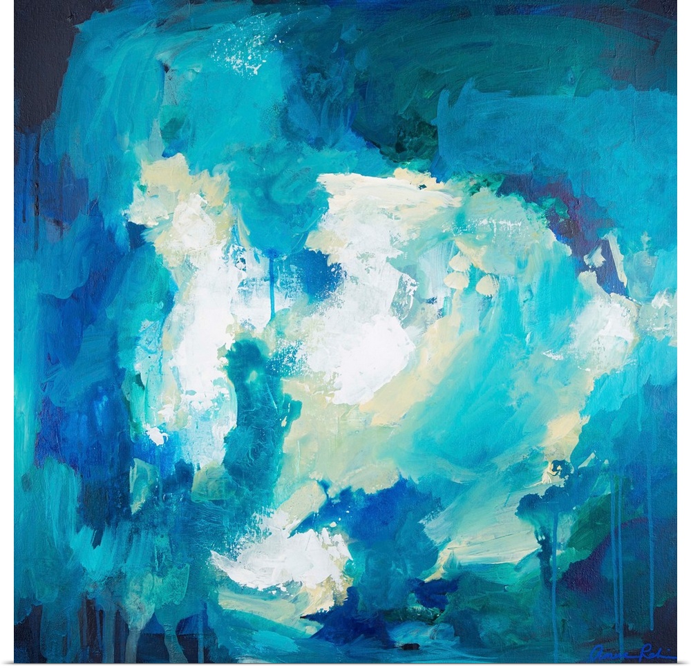 Contemporary abstract art in shades of blue with white.