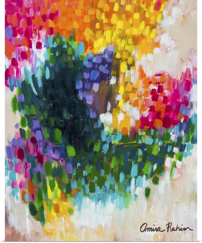 Abstract contemporary artwork made of vibrant spots of pink, yellow, green, and purple.