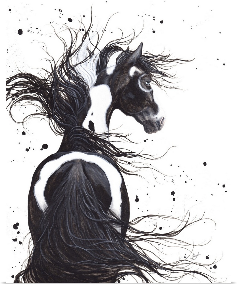 Majestic Series of Native American inspired horse paintings of a black and white pinto mustang.