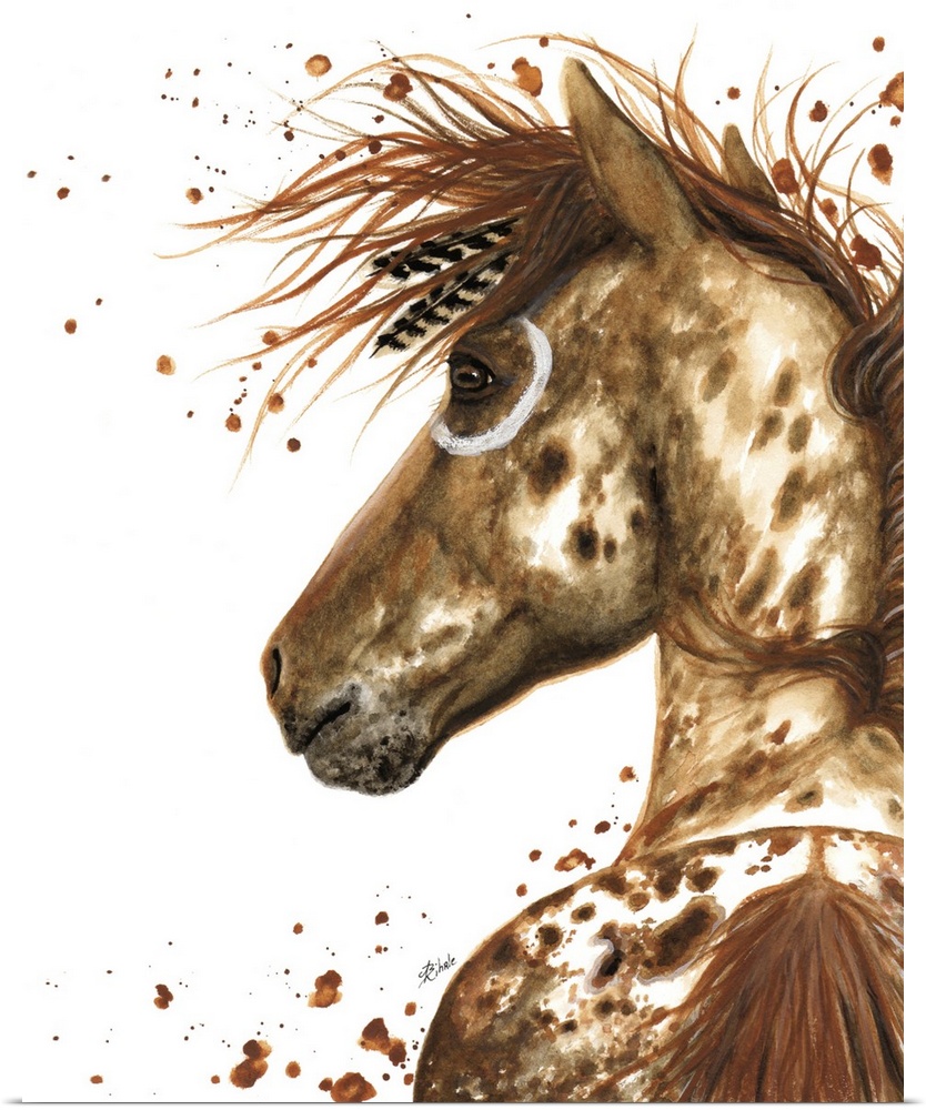 Majestic Series of Native American inspired horse paintings of a speckled brown horse.