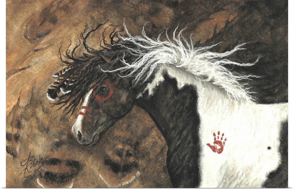 Majestic Series of Native American inspired horse paintings of a Nagi Curly stallion.
