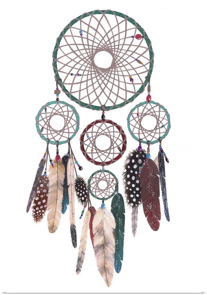Contemporary artwork of a large dreamcatcher with several hoops decorated with beads and feathers.