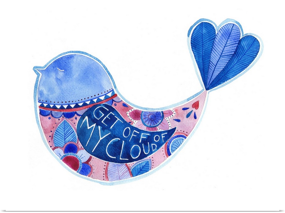 Contemporary painting of a simple blue bird with text on its wing and a leaf motif.