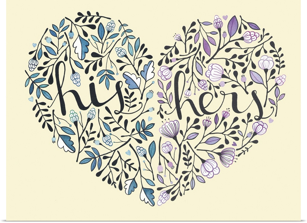 Contemporary painting of a heart made up of two sides of leaves and flowers, labeled "His" and "Hers."