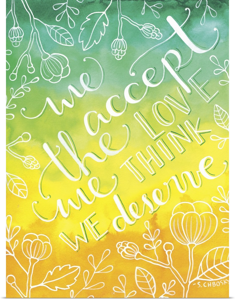 Hand-lettered text about love surrounded by simple drawings of flowers and leaves on a gradient background.