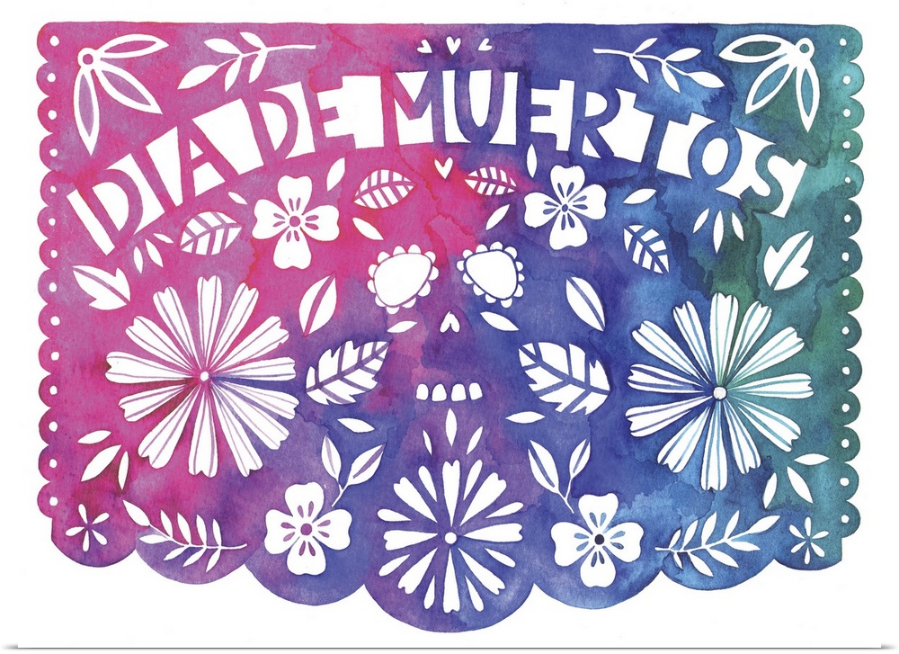 Festive paper-cut style banner celebrating the Dia de Muertos with cutouts of flowers and leaves.