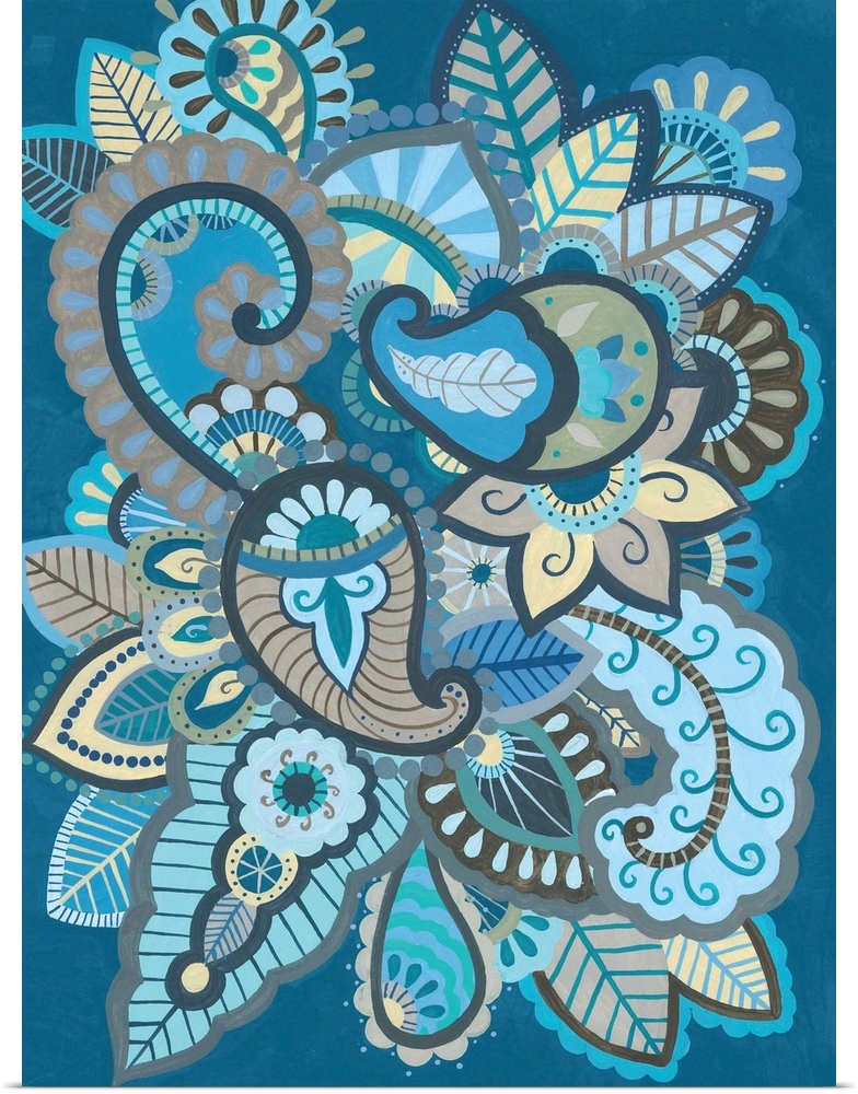 Cool-toned design featuring a group of paisley leaves swirling around each other.
