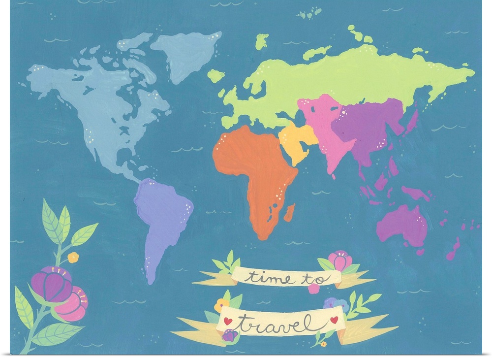 Simple map of the world with the continents differentiated by color with a flower and banner.
