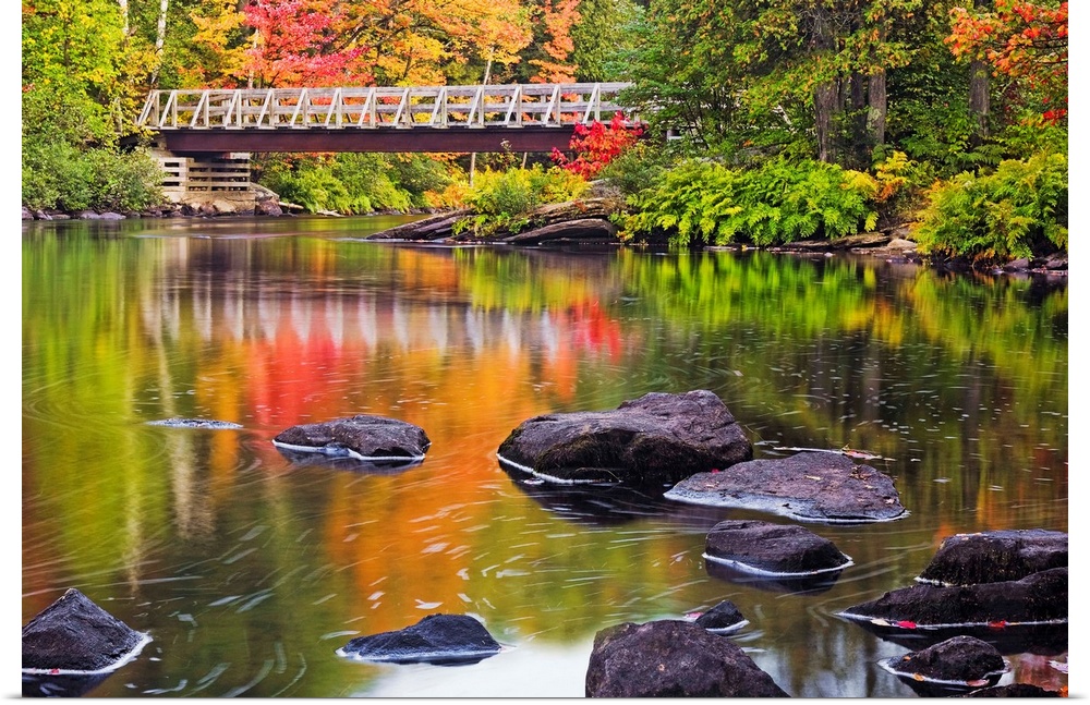 Bridge stretching across the Oxtongue River with brilliant fall colored leaves on the trees and large rocks breaking the g...