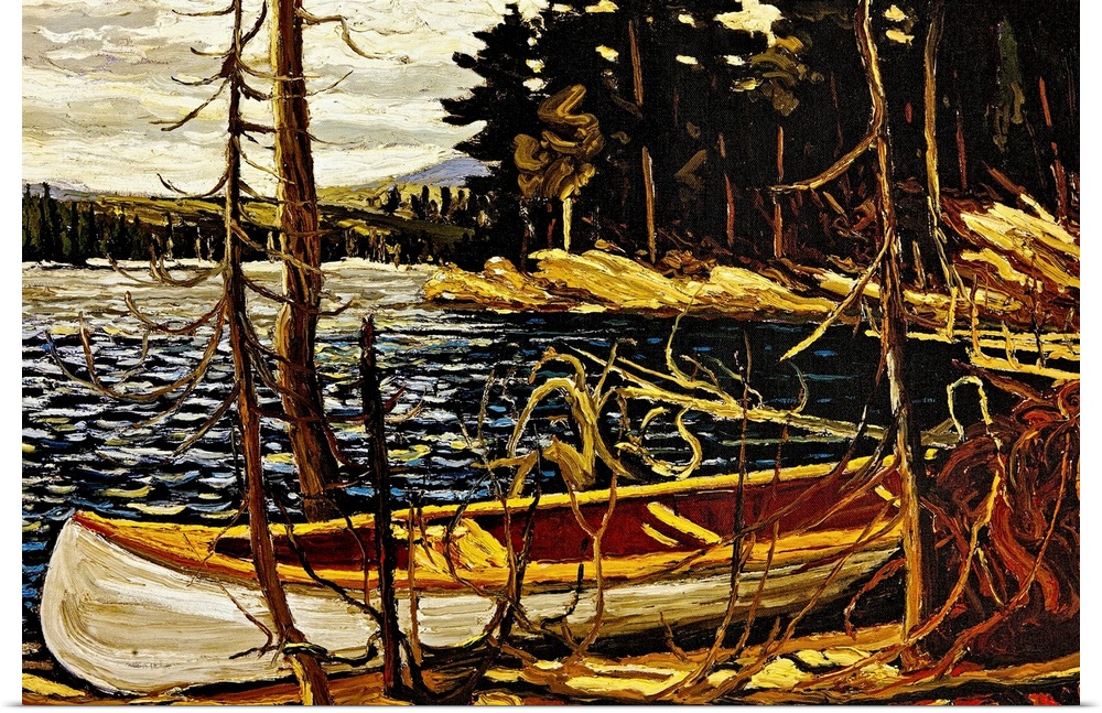 Big, landscape painting of an empty canoe banked against small trees along the shore.  A dense forest of pines in the back...