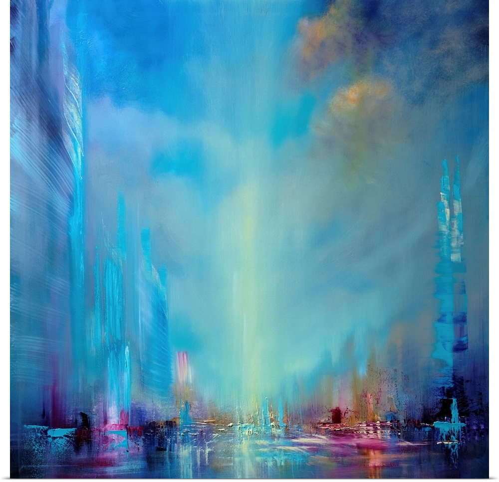 Abstractly painted cityscape with a wide blue sky with clouds; reflection in the water, endless width, abstract skyscrapers.