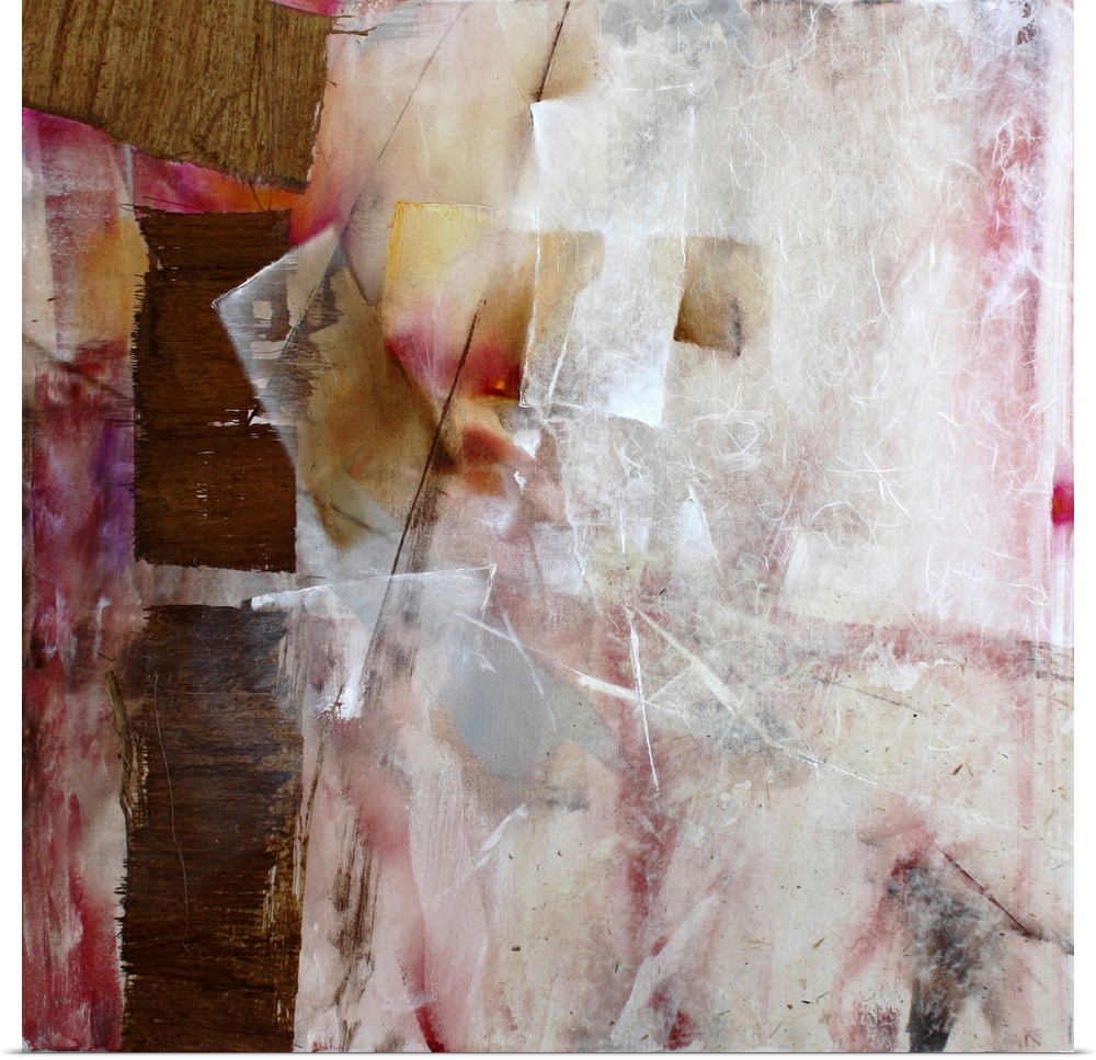 A multi-layered contemporary abstract painting in neutral and dark pink shades with a lot of texture