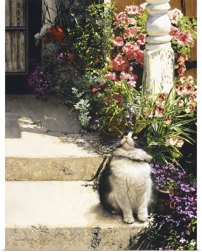A vertical image of a black and white cat sitting on the steps of a porch covered in flowers.