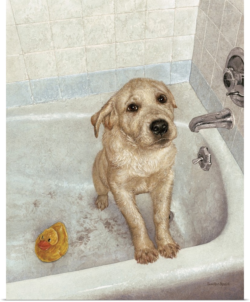 A yellow Labrador puppy getting a bath in a tub.