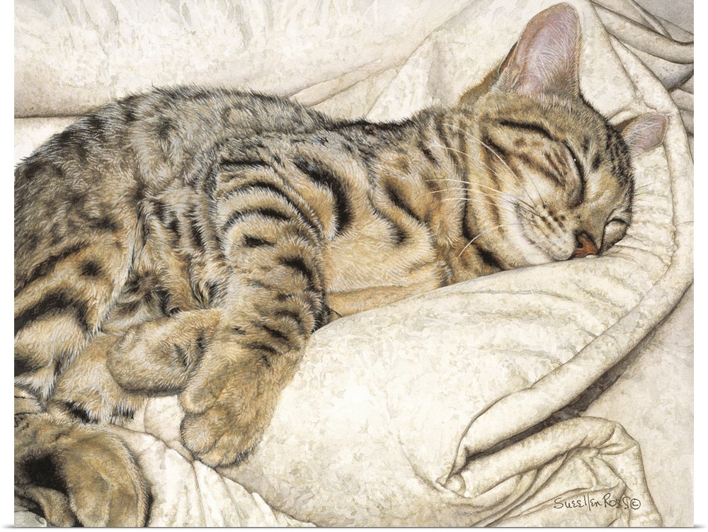 A striped bengal cat enjoying a nap on a soft blanket.
