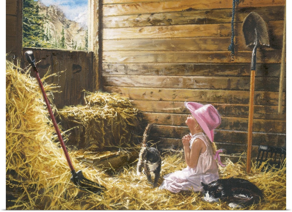 Artwork of a little girl kneeled down inside a barn on hay with her head raised and hands clasped together praying. A cat ...