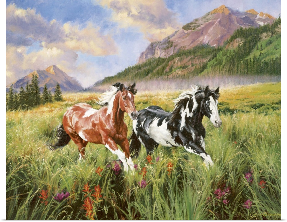 Landscape artwork on a large canvas of two spotted horses running through a grassy field, large mountains in the backgroun...