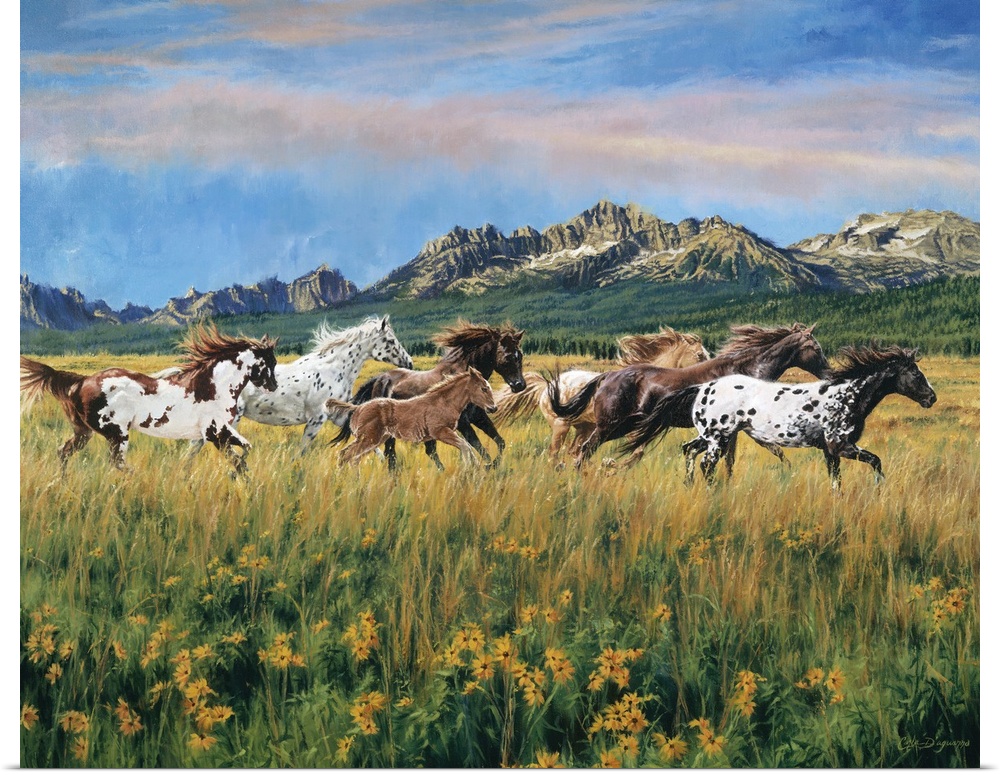 Painting of wild horses running through a meadow of flowers and tall grass with mountains in the distance under a cloudy sky.
