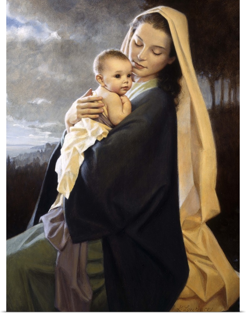 Portrait painting on a large wall hanging of Mary holding onto baby Jesus as He looks over her shoulder.  A cloudy sky and...