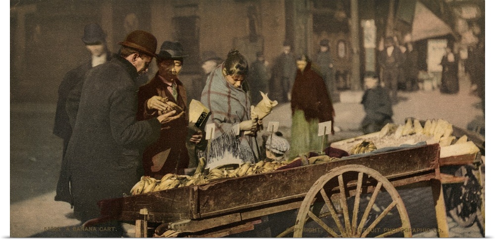 Hand colored photograph of a banana cart.